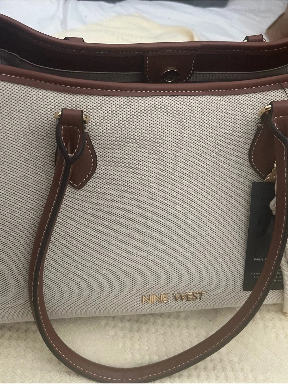 Nine West Cream and Brown Canvas Tote with Gold Logo Accent